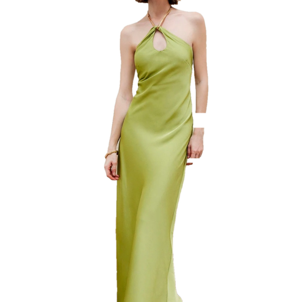 Commense Lime Green Halter Keyhole Satin Wedding Gown/ summer dress